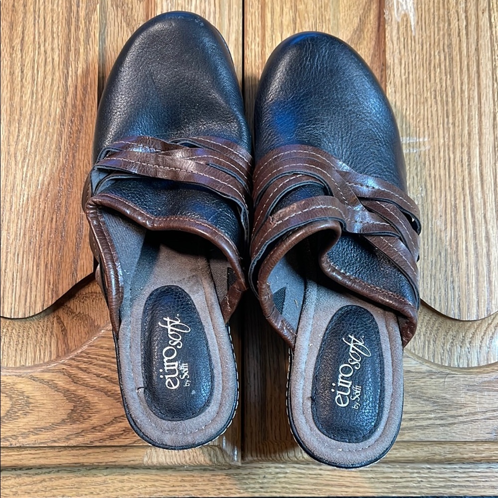 Sofft Black and Brown Leather Clogs with Vintage Strap Accents